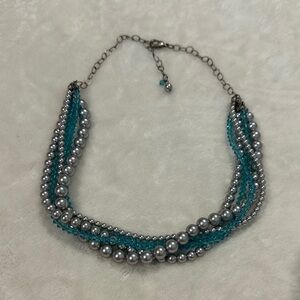 Multi-Strand Teal and Silver Beaded Necklace - Vintage look- A must have!